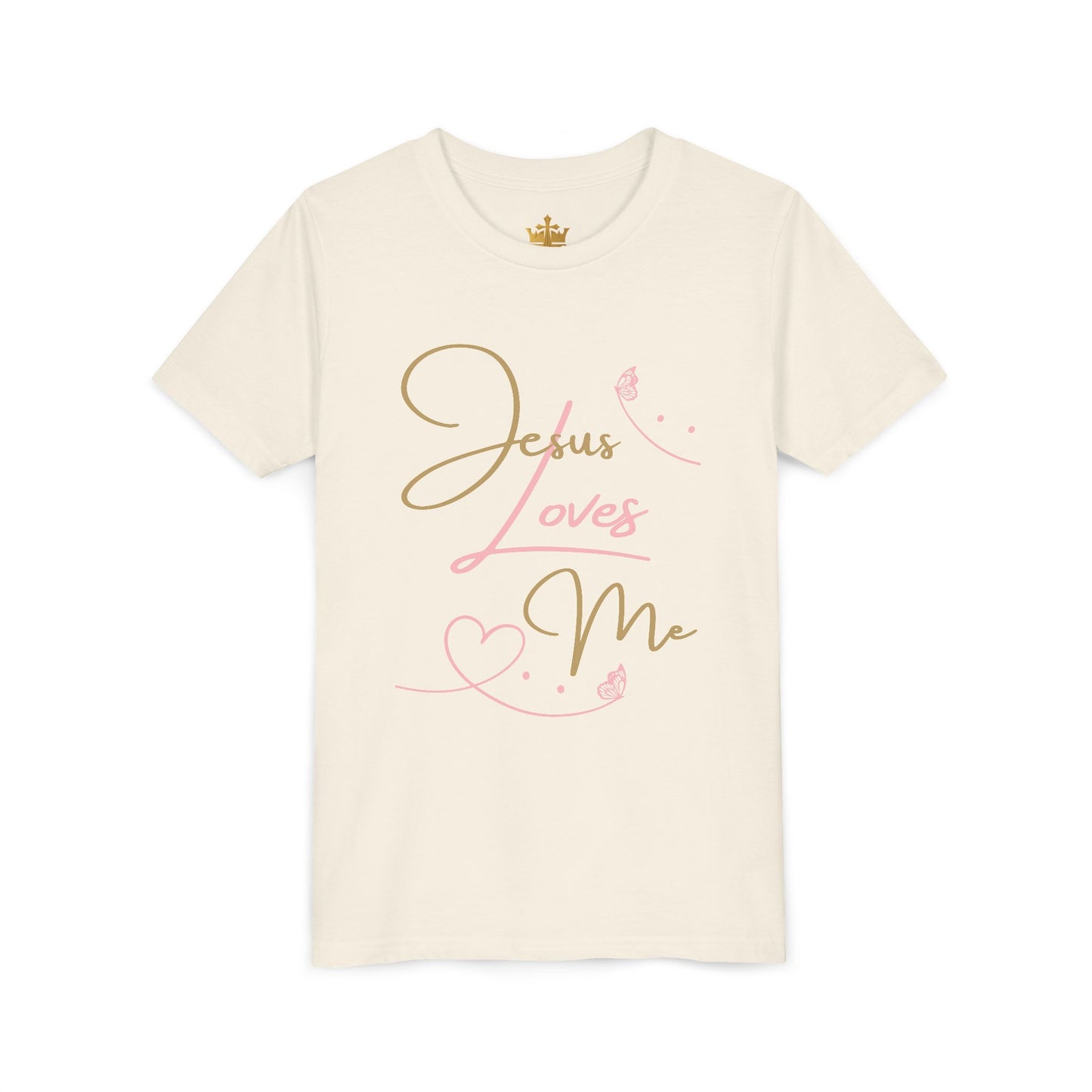 Logos Co. cream youth t shirt with pink and gold script Jesus Loves Me youth shirt design featuring hearts and butterflies