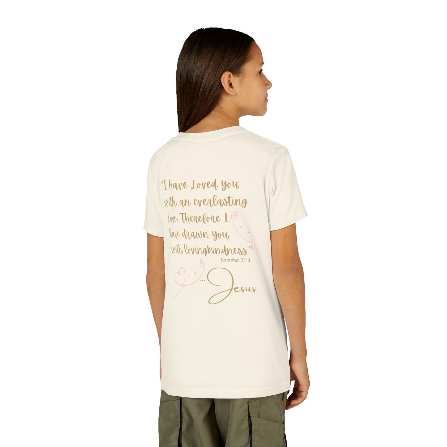 Girl modeling cream Jesus Loves Me youth shirt back print with scripture hearts and soft script design