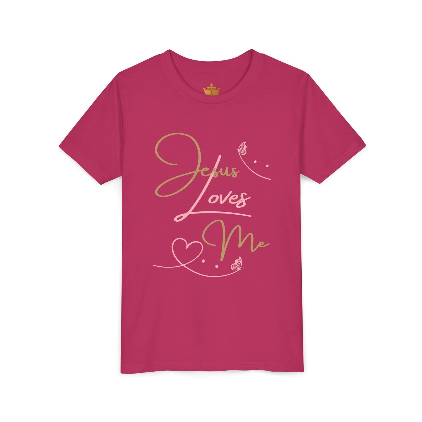 Magenta Logos Co. Jesus Loves Me youth shirt with gold script and heart design for kids church wear