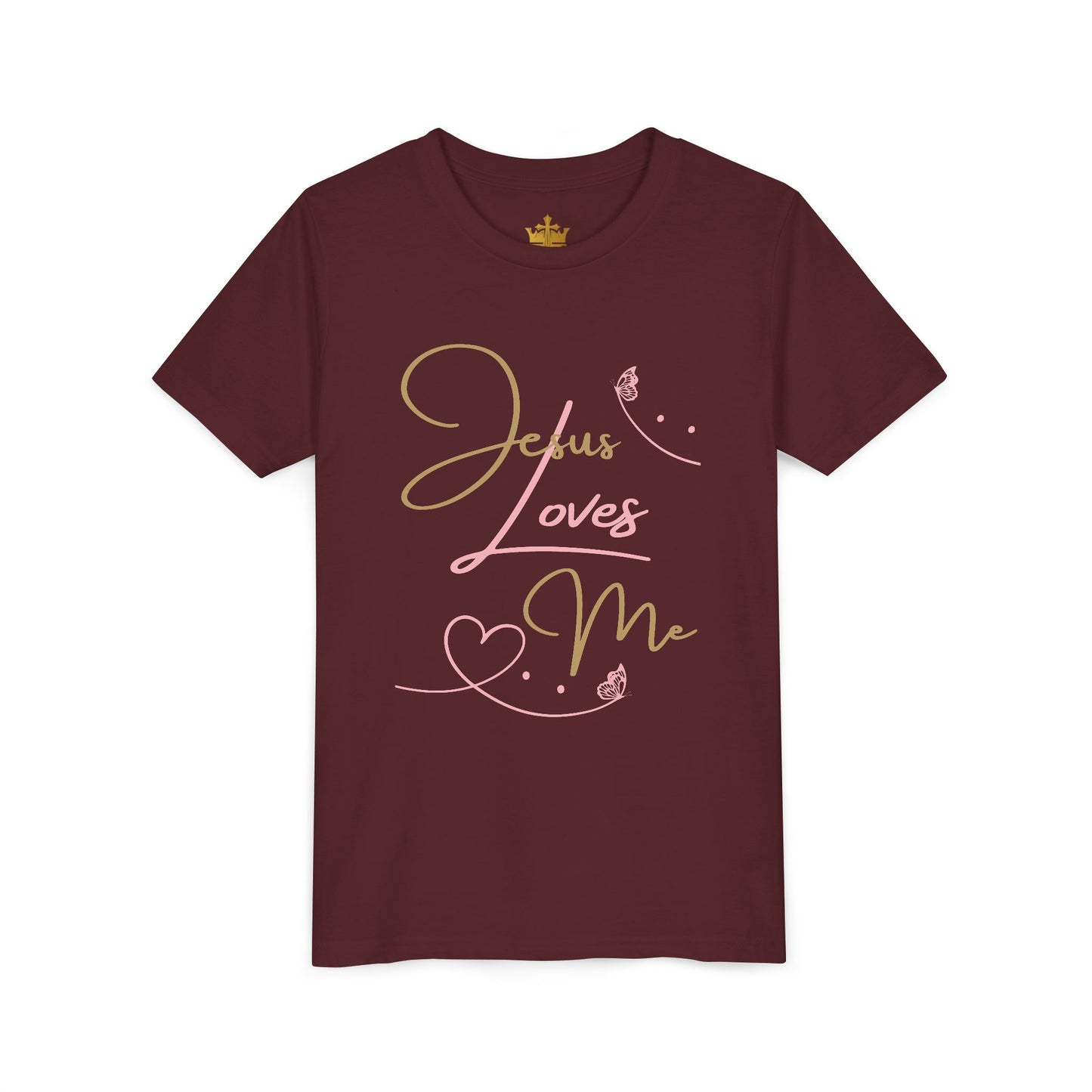 Logos Co. maroon youth T shirt with pink and gold script Jesus Loves Me youth shirt heart and butterfly design
