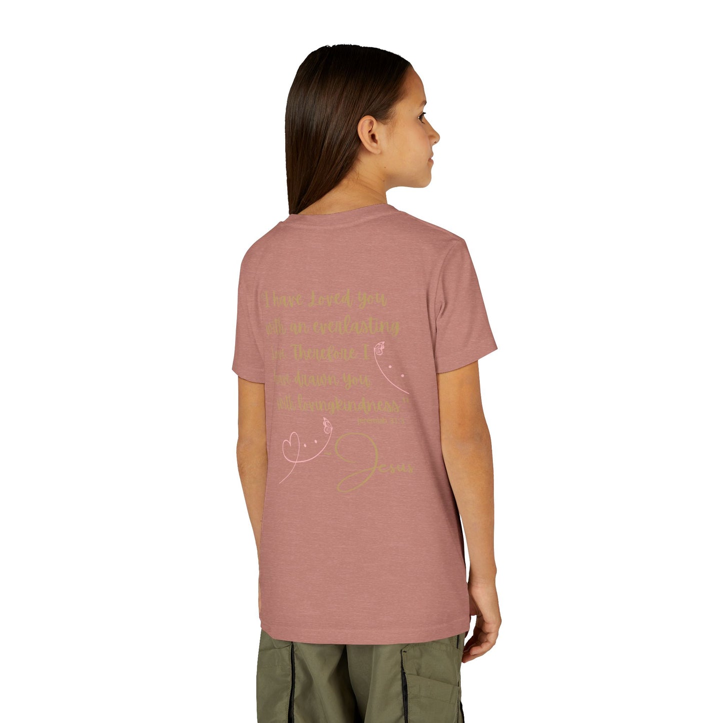 Logos Co. Jesus Loves Me youth shirt dusty rose back view on child with script heart design for church and casual wear