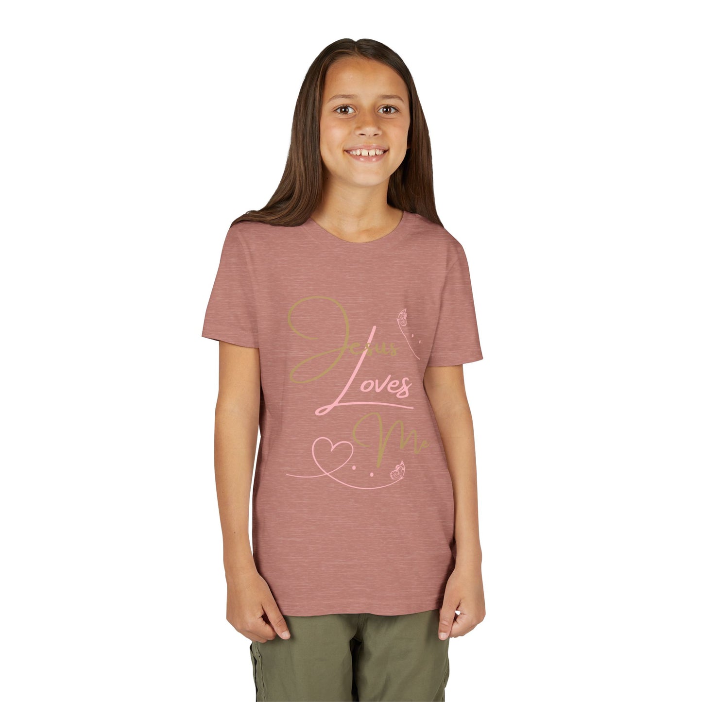 Jesus Loves Me youth shirt on a preteen girl in dusty rose tee with pastel script heart design