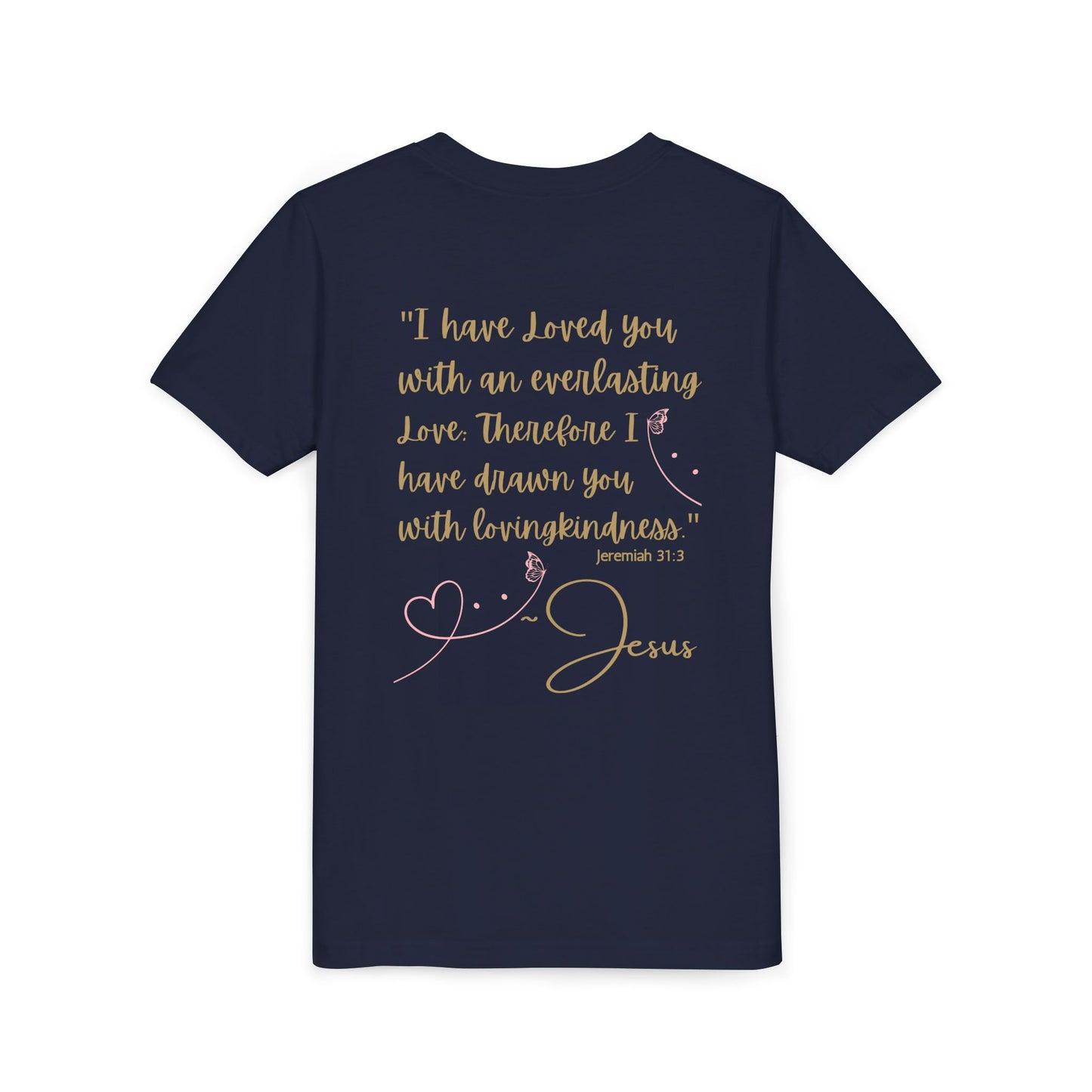 Logos Co. navy youth tshirt back view with gold script Jeremiah 31 verse 3 quote and heart graphic Jesus Loves Me youth shirt