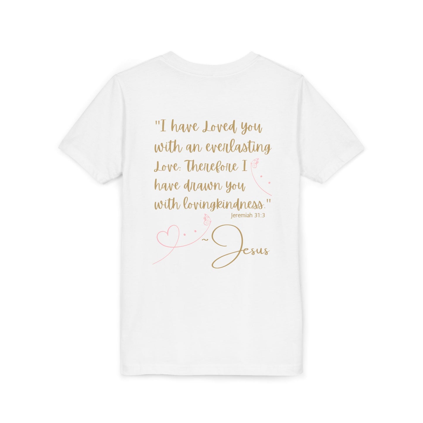 Logos Co. white youth tee back view with gold script Jeremiah 31 verse 3 and pink heart artwork Jesus Loves Me youth shirt