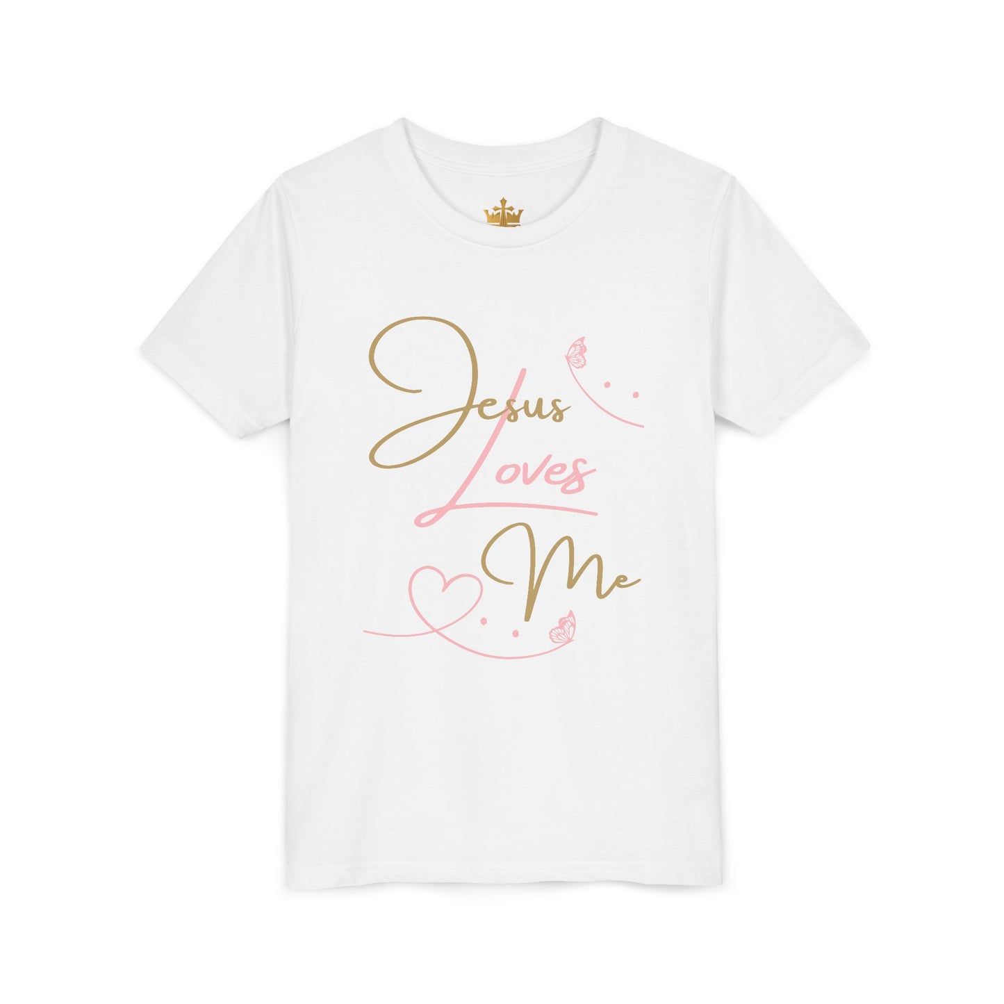 Jesus Loves Me youth shirt white youth tee with gold and pink script design heart and butterfly accents by Logos Co.
