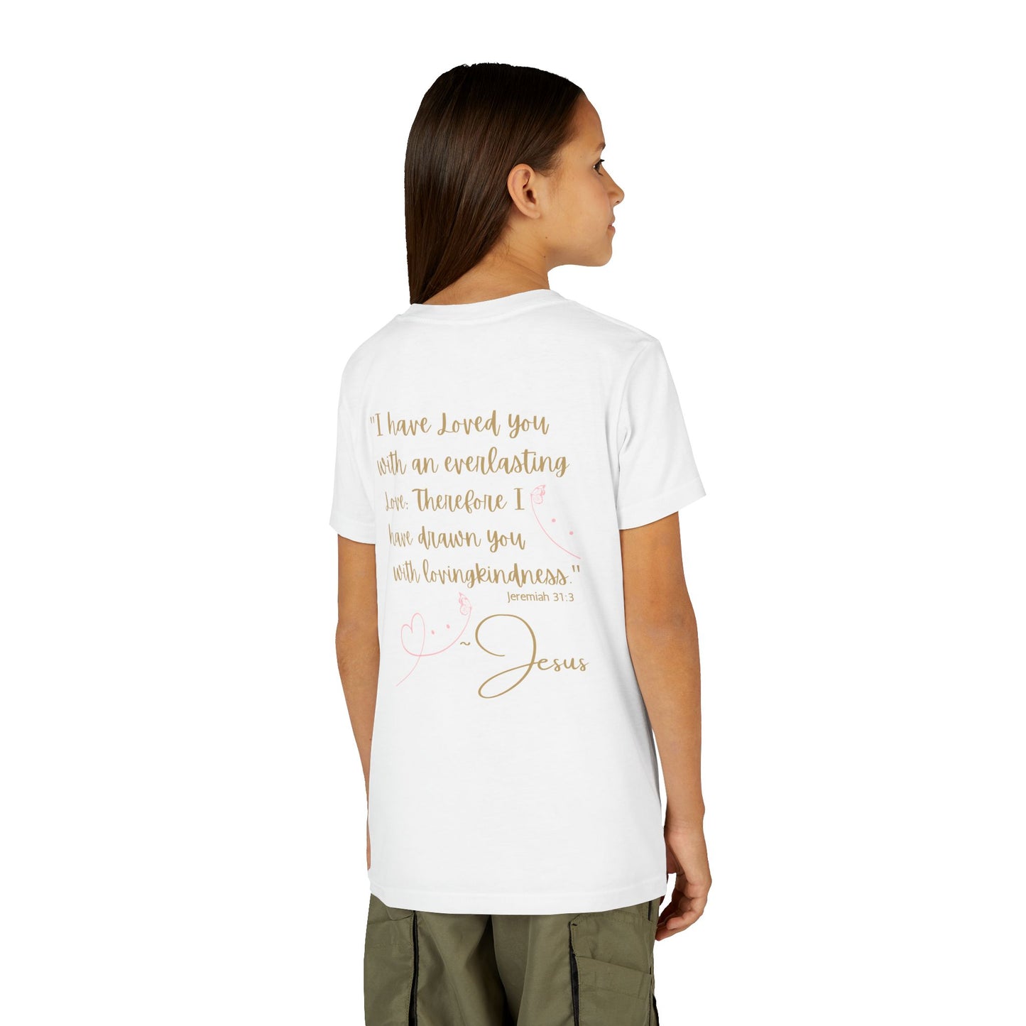 Logos Co. white kids t shirt with gold script Bible verse on back and signature Jesus Loves Me youth shirt for children