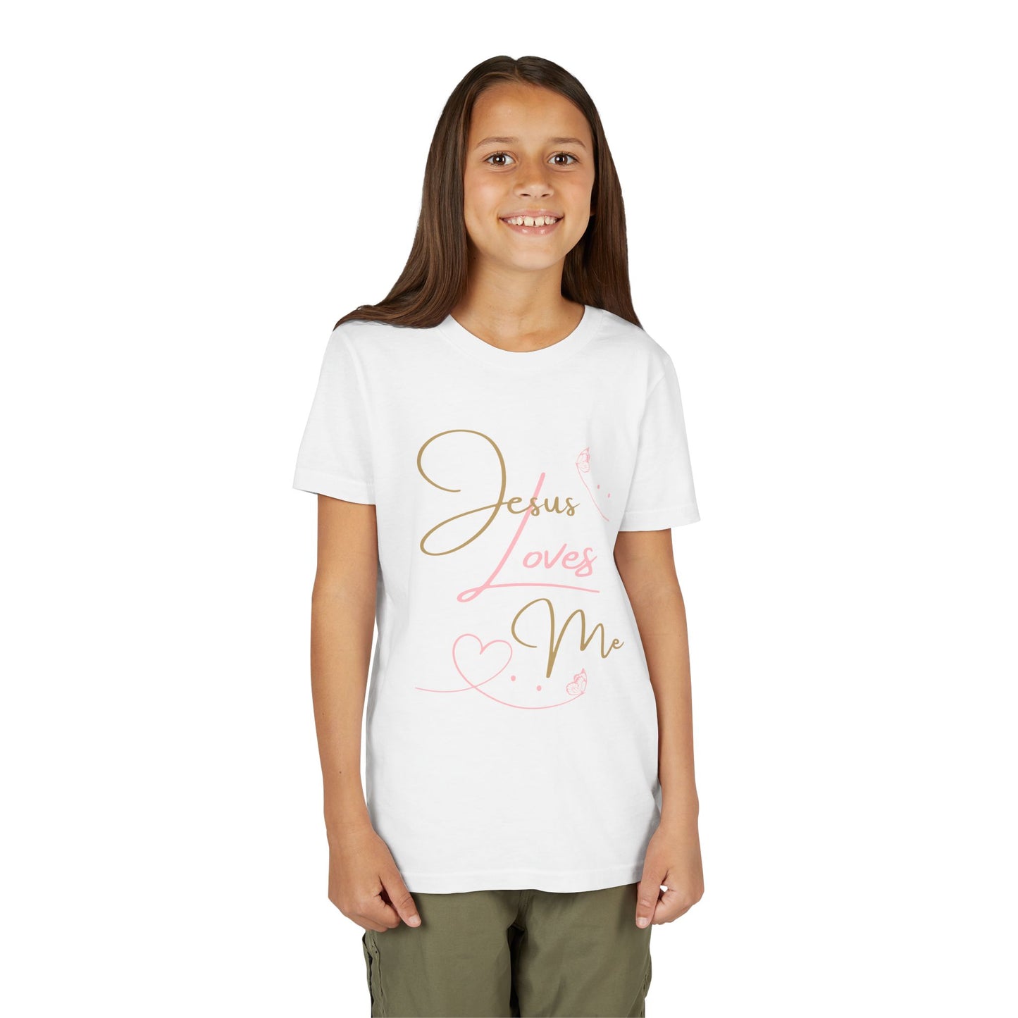 Logos Co. girls white Jesus Loves Me youth shirt on a girl with pink gold script heart design