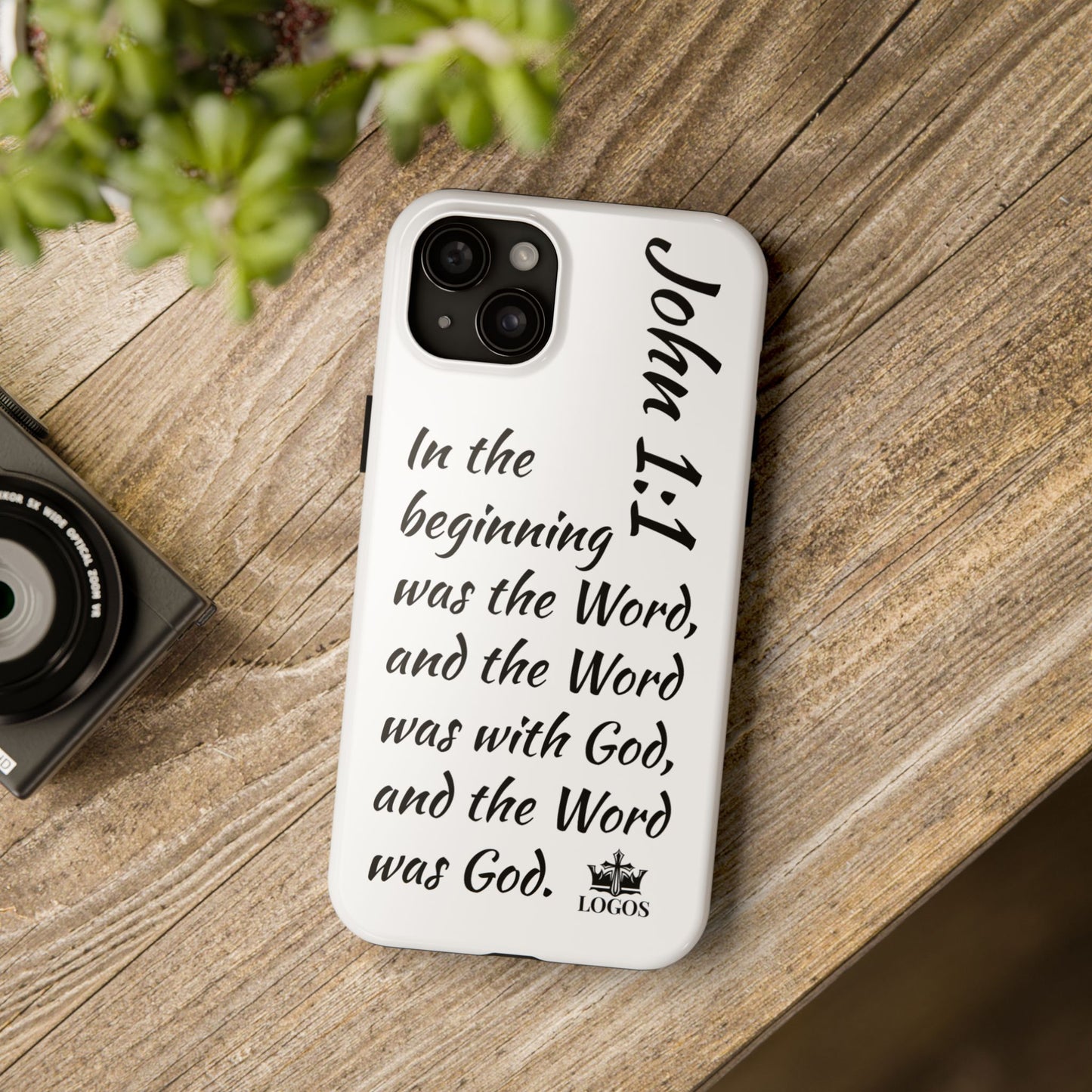Faith-based tough phone case featuring John 1:1 quote on a white background