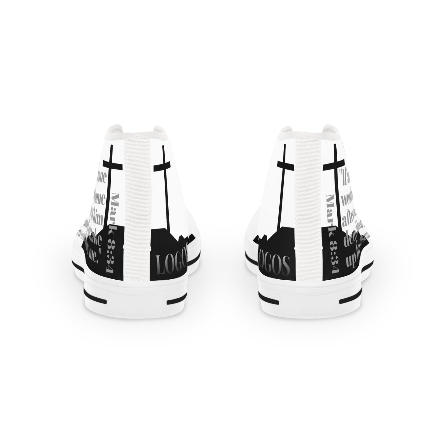 Follow Me Mark 8:34 Christian high top sneakers featuring inspirational design and stylish cross graphics