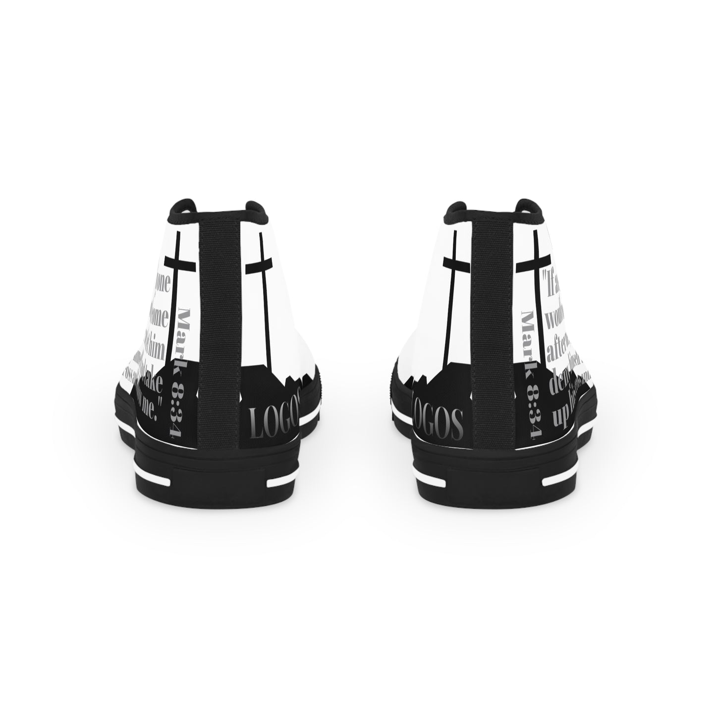 Follow Me Mark 8:34 Christian high top sneakers with inspirational cross design and black accents