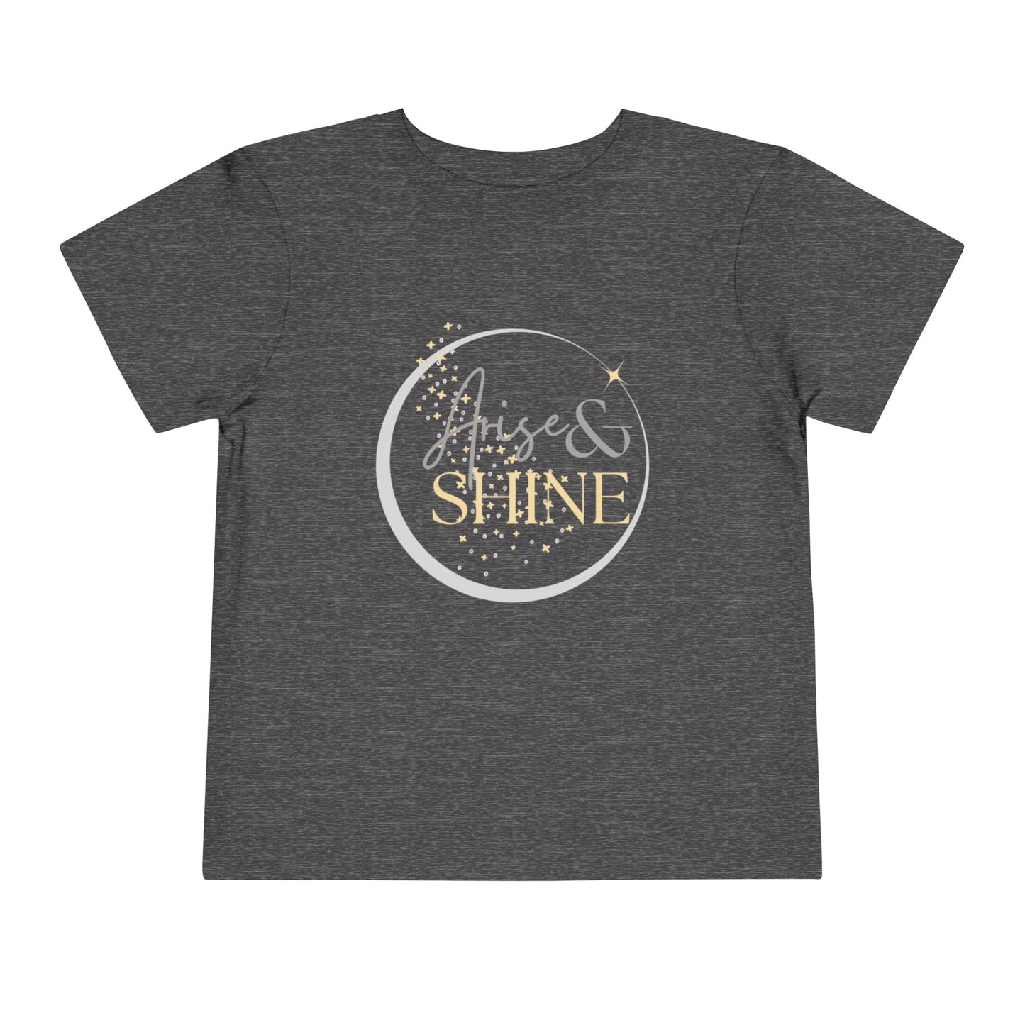 Charcoal girls scripture tee with gold and silver Arise and Shine design from Logos