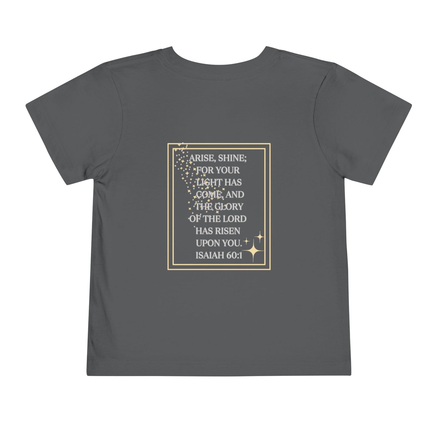 Logos girls scripture tee in gray with Isaiah 60:1 Bible verse design on back