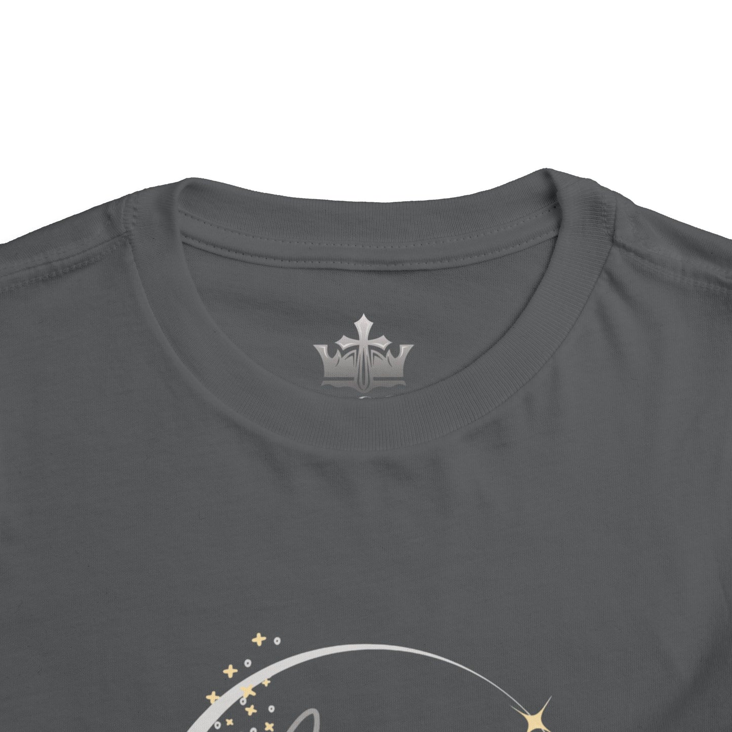 Gray girls scripture tee with subtle Logos Co. logo on neck label and comfortable round neckline for kids