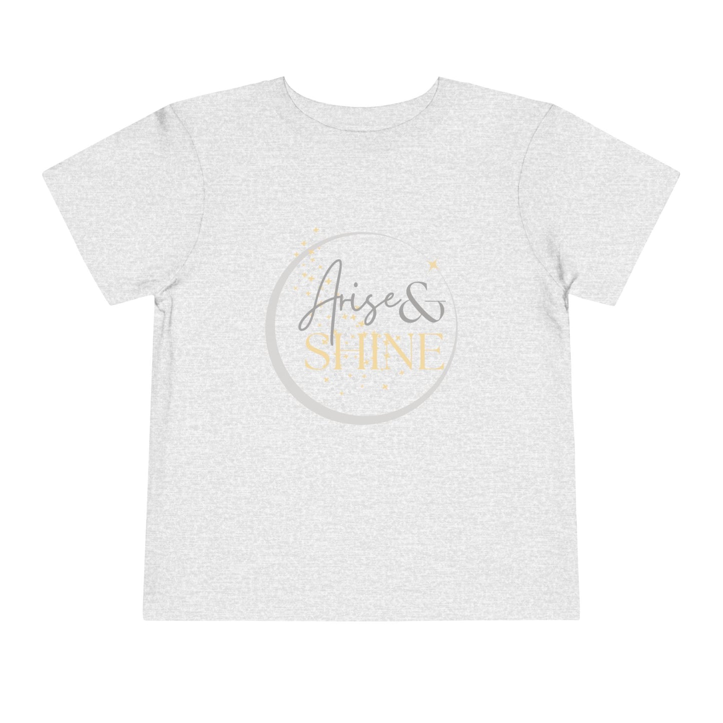 Girls scripture tee with Arise and Shine text in gold and gray on light gray kids shirt from Logos