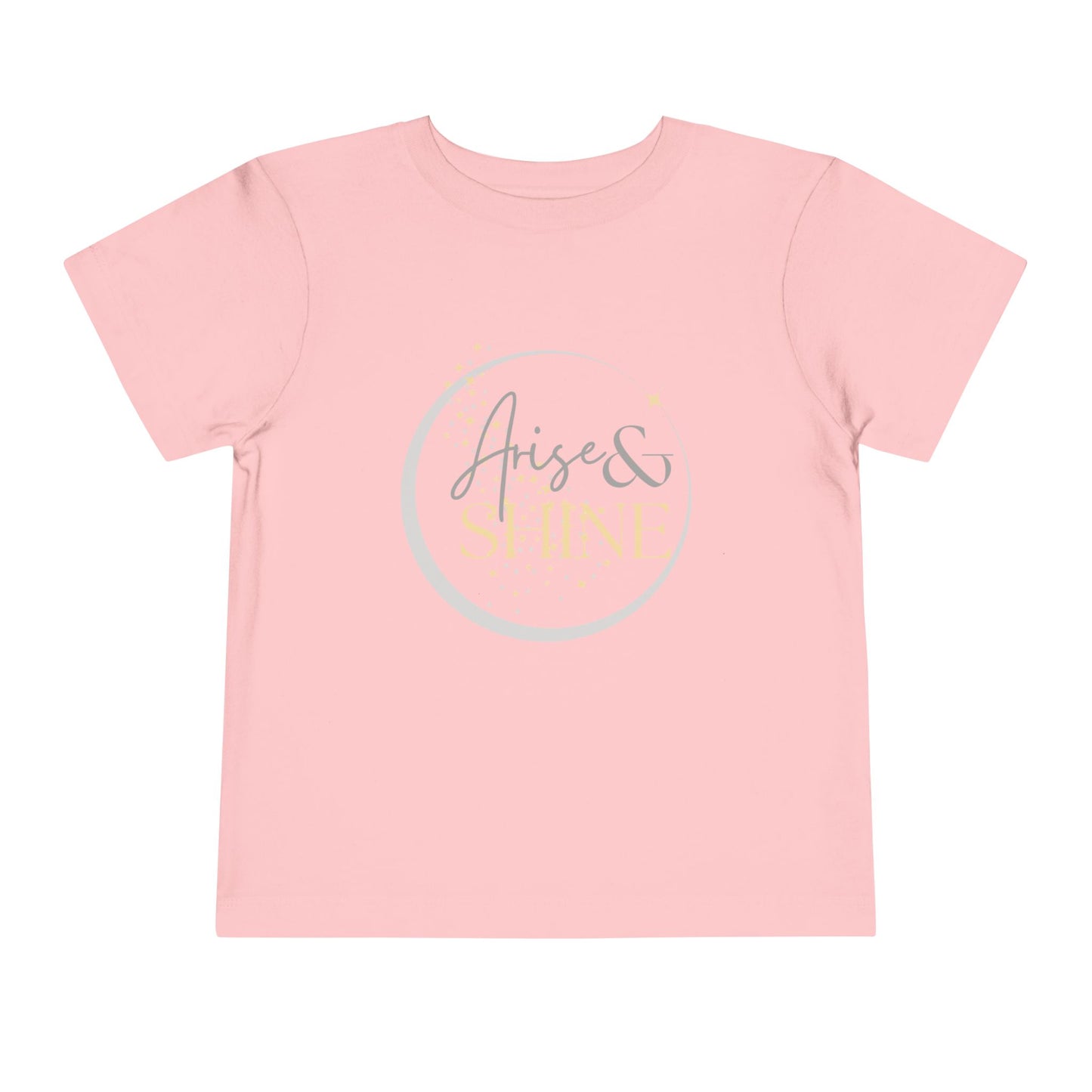 Logos pink girls scripture tee with Arise and Shine scripture design in gold and gray