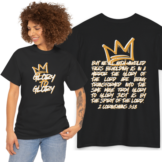 Glory to Glory Bible verse shirt featuring a crown design and inspirational text in gold on black fabric