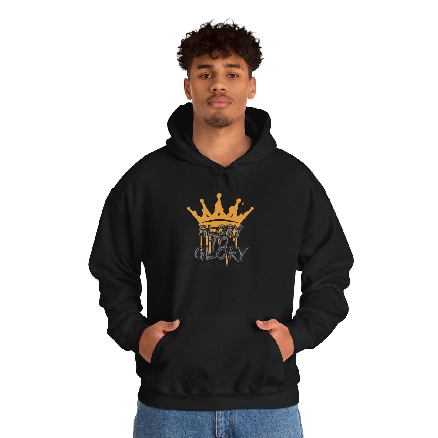 Black Glory to Glory hoodie with gold crown graphic worn by man with hands in pockets