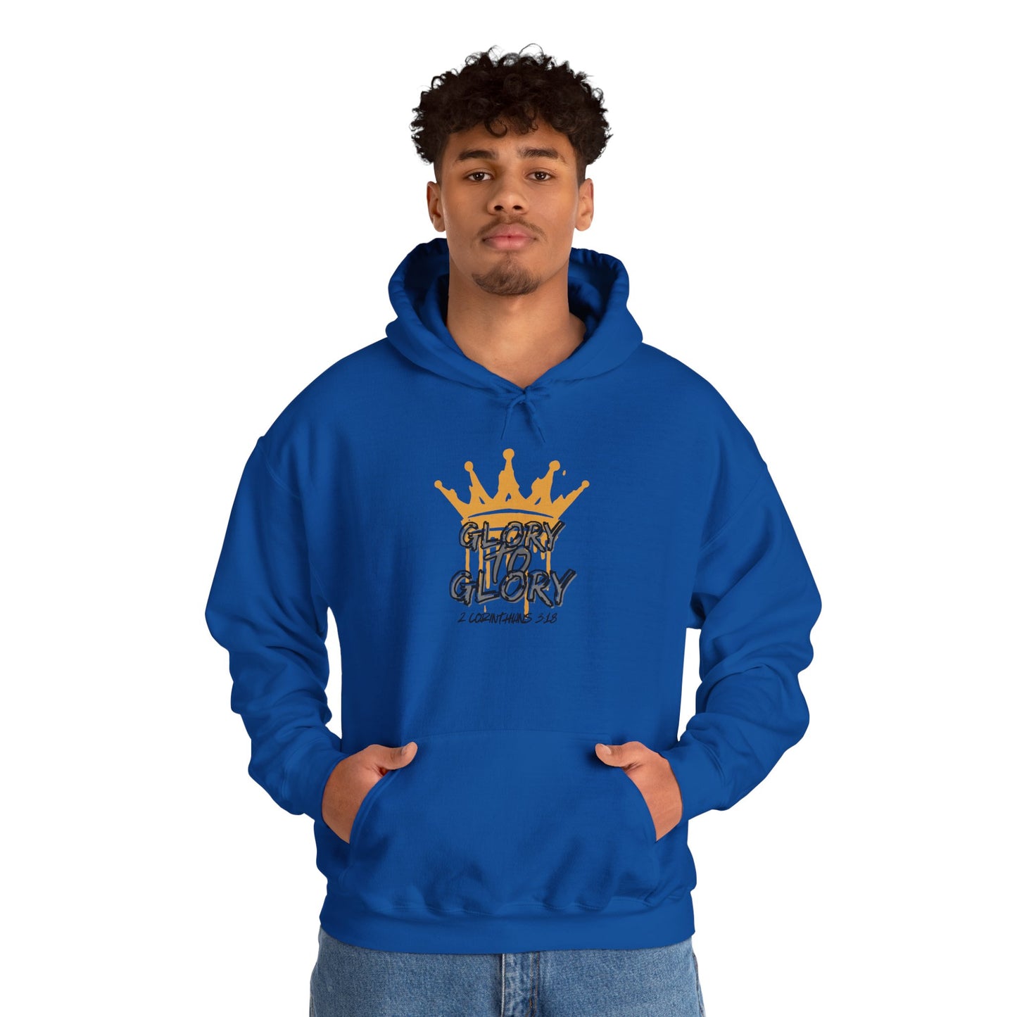 Blue Glory to Glory hoodie with gold crown design worn by male model with hands in pockets