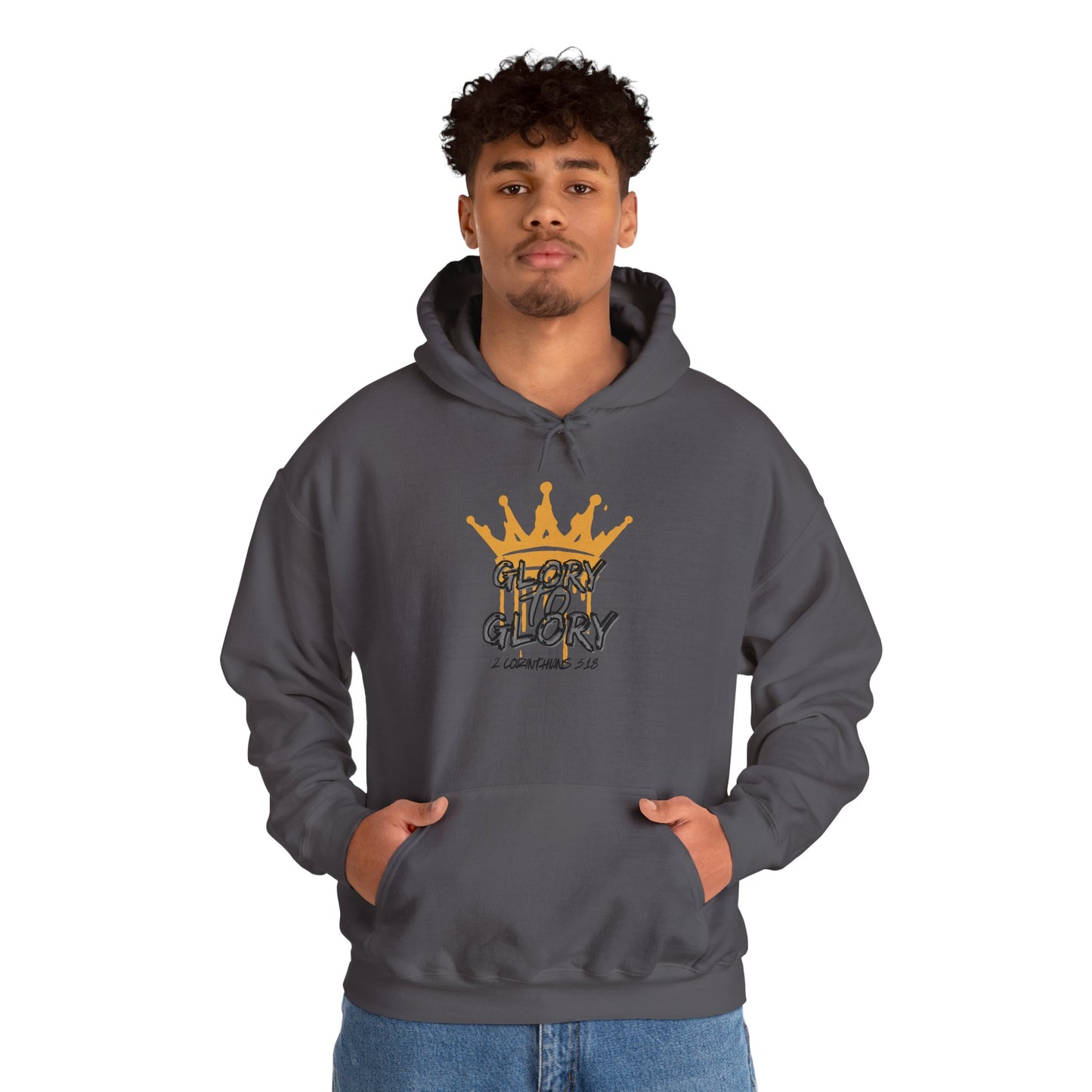 Logos Co. charcoal gray Glory to Glory hoodie with gold crown graphic worn by man