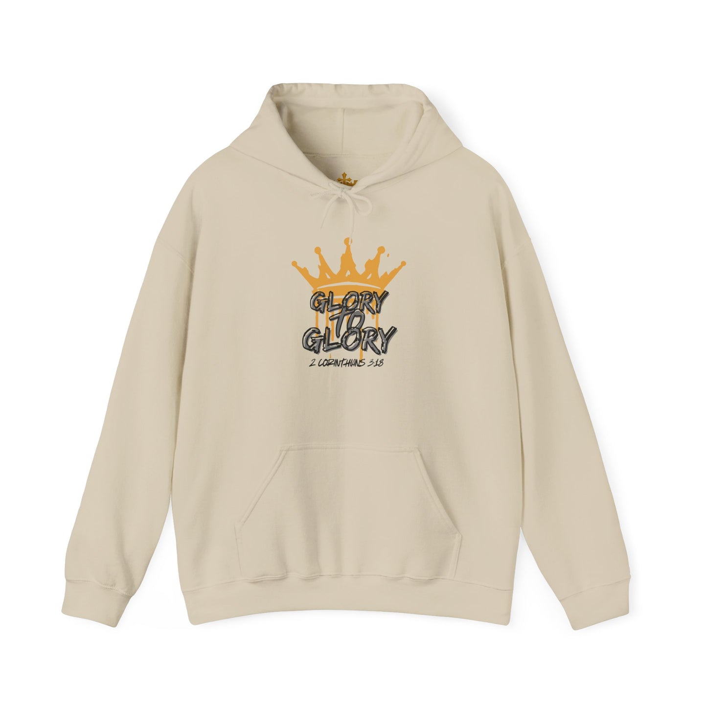 Beige Glory to Glory hoodie by Logos Co. featuring a gold crown graphic and 1 Corinthians 3:18 text