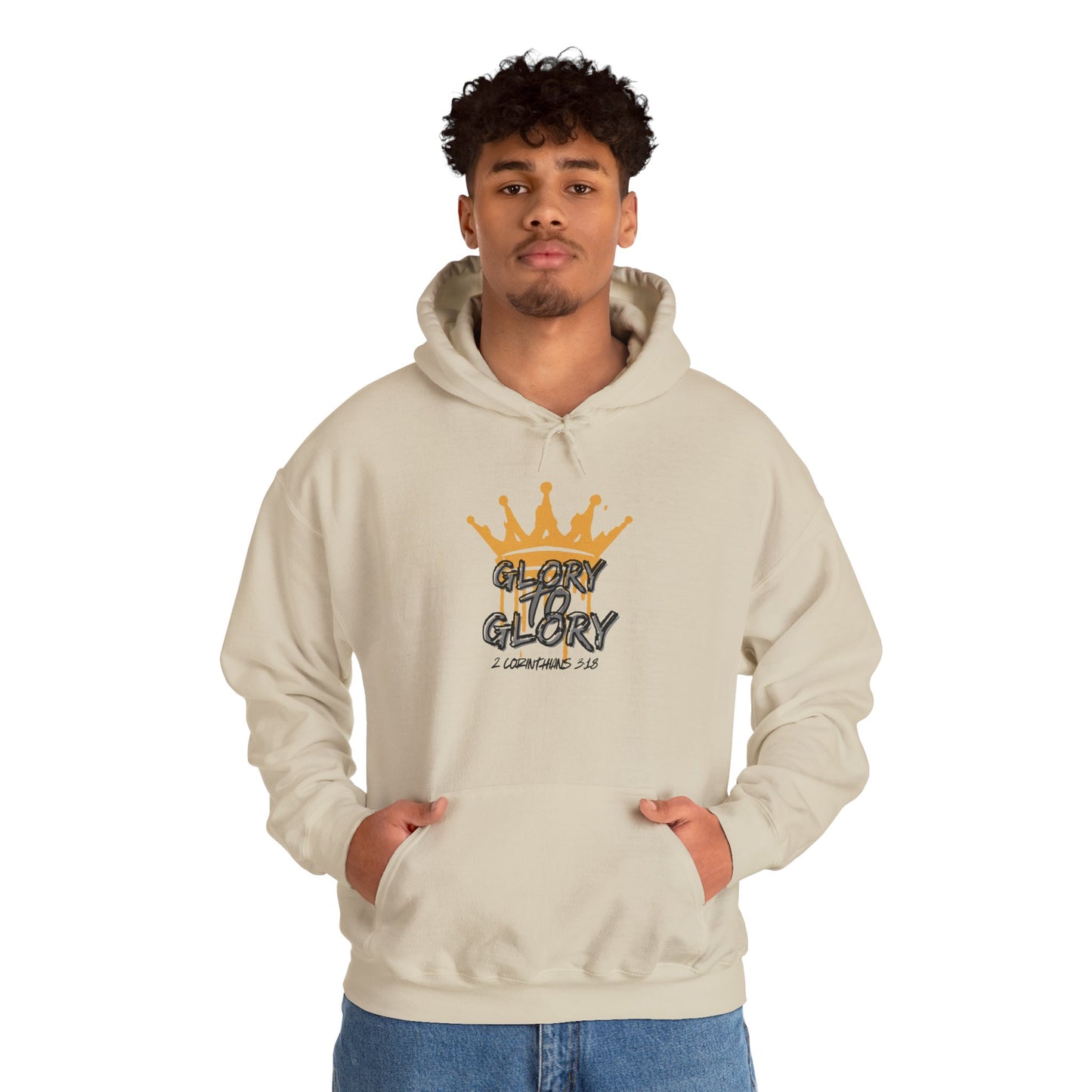 Beige Glory to Glory hoodie with gold crown and scripture design worn by man with hands in pockets