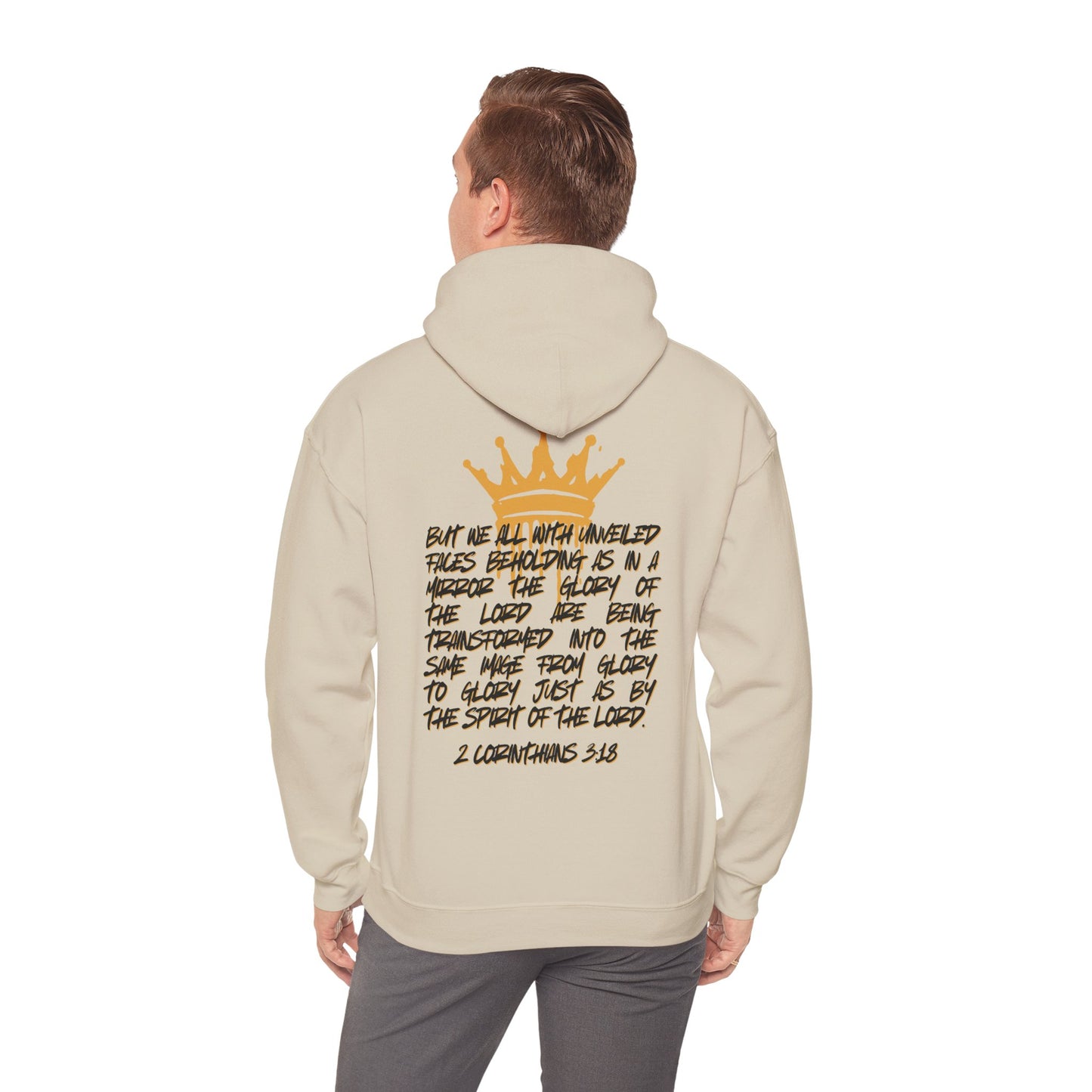 Back view of a cream Glory to Glory hoodie by Logos Co. with a crown and inspirational scripture text