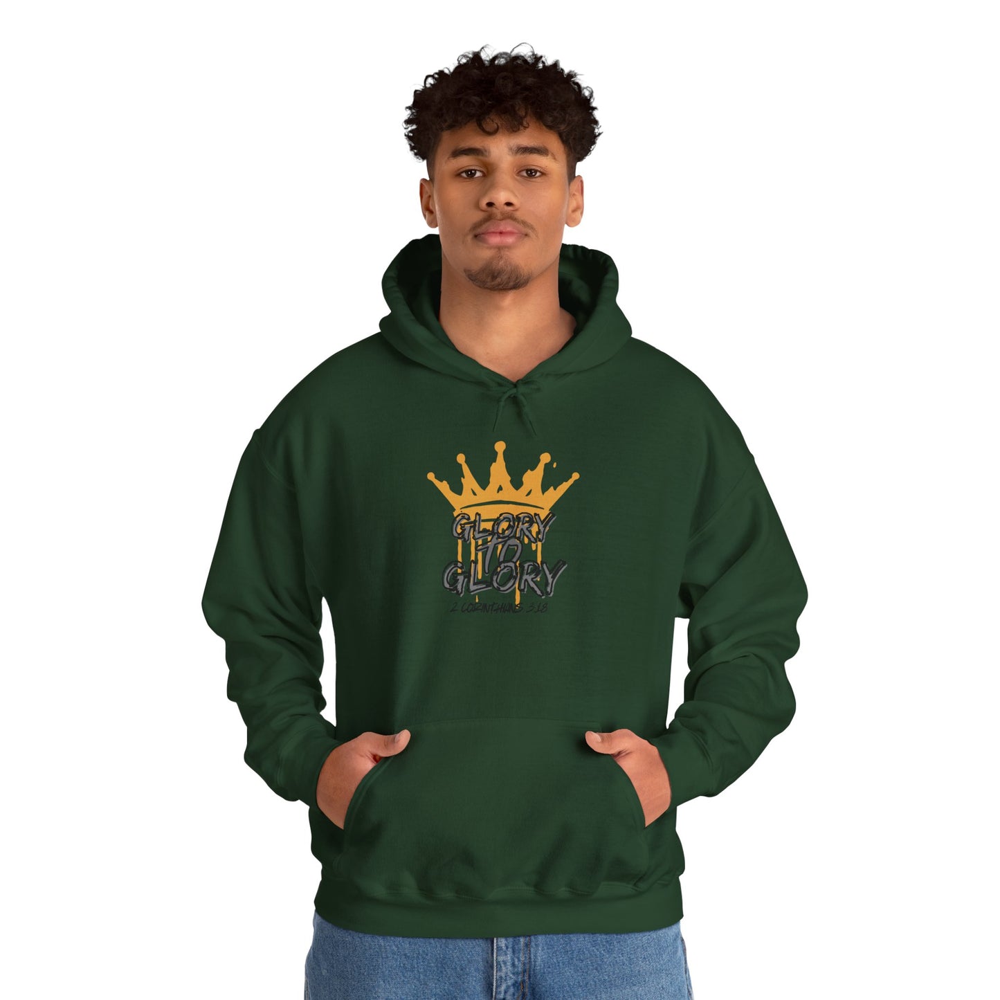 Logos Co. forest green Glory to Glory hoodie with gold crown graphic worn by man with hands in pockets