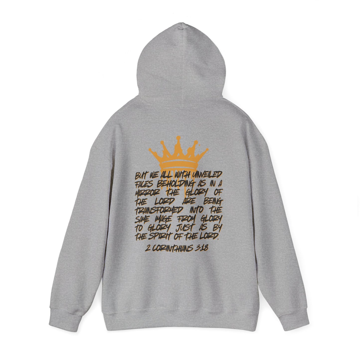 Grey Glory to Glory hoodie by Logos Co. with scripture and gold crown design on the back