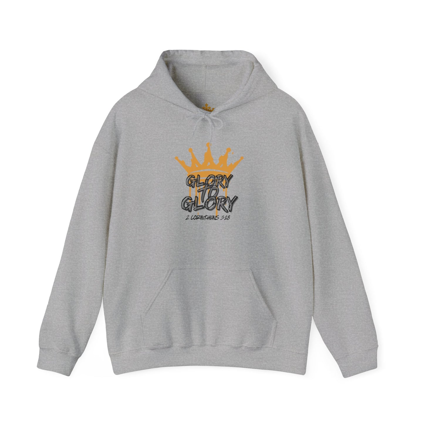 Light gray Glory to Glory hoodie with orange crown graphic and front pocket by Logos Co.