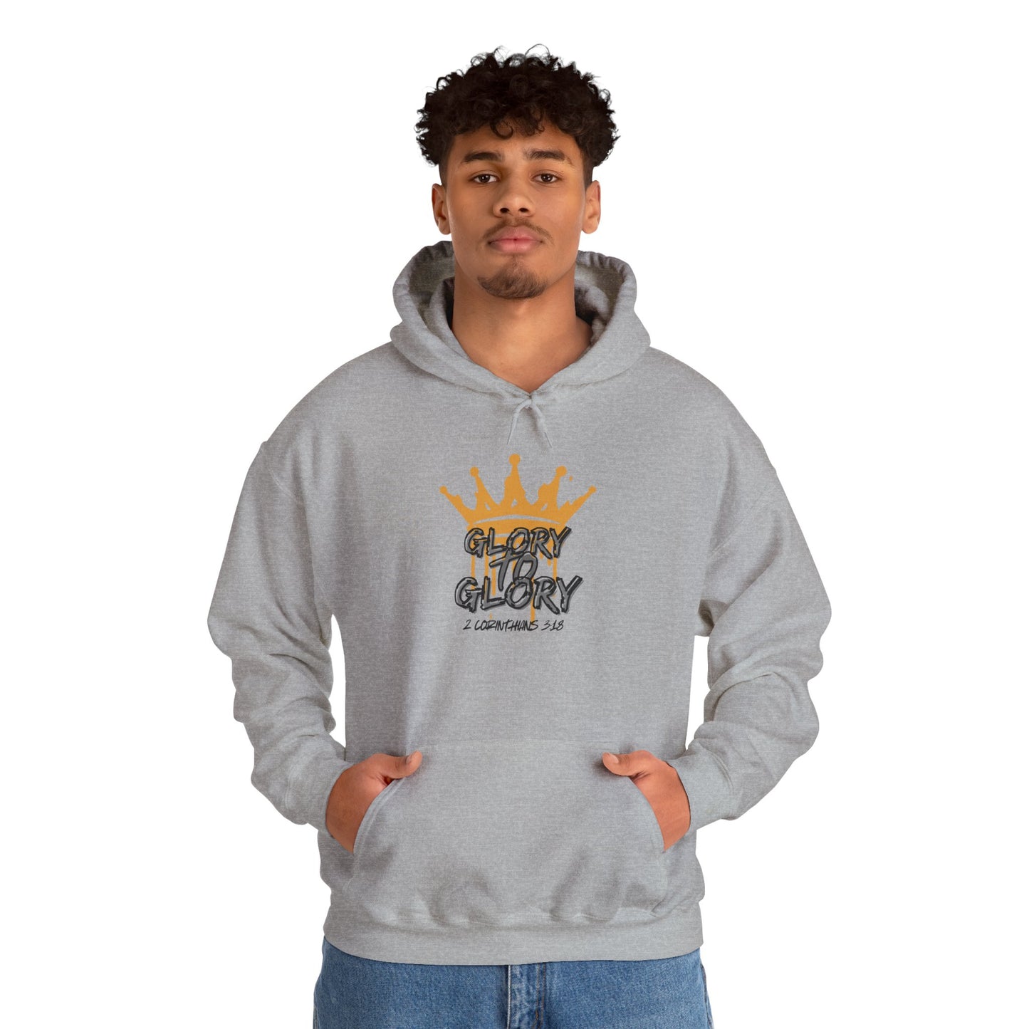 Gray Glory to Glory hoodie with crown graphic and 2 Corinthians 3:18 text worn by male model