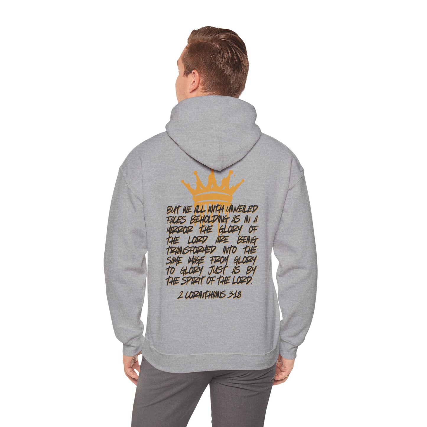 Gray Glory to Glory hoodie by Logos Co. with inspirational biblical quote and crown design on back