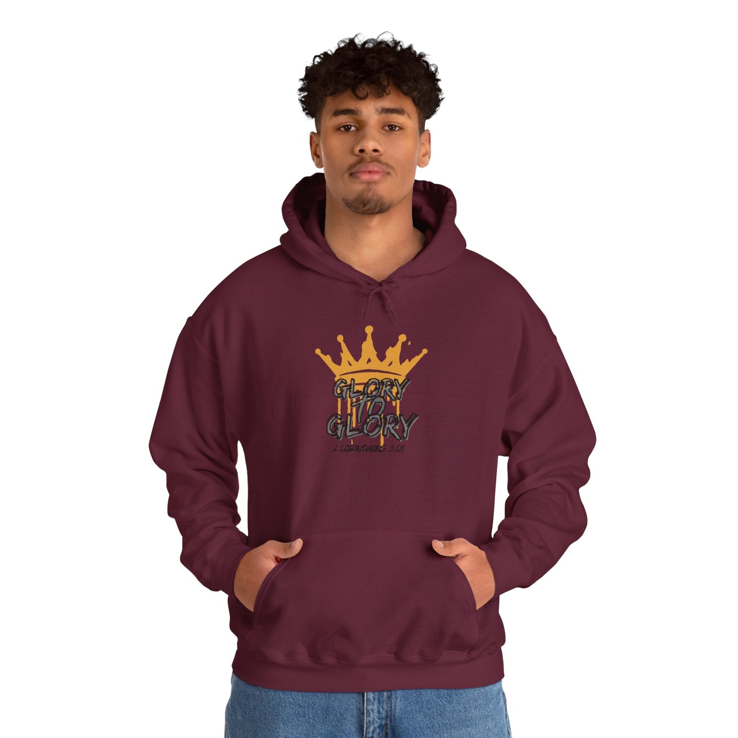 Maroon Glory to Glory hoodie with gold crown graphic worn by male model