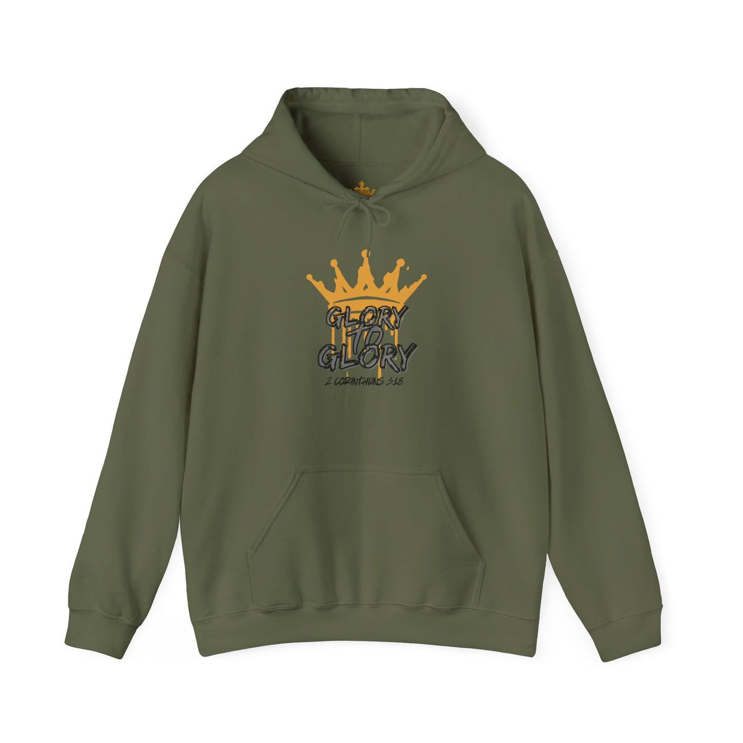 Olive green Glory to Glory hoodie by Logos Co. featuring a gold crown graphic and front pocket