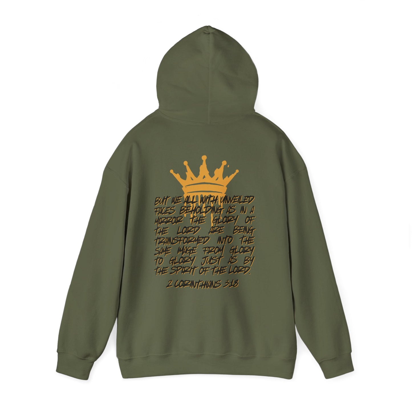 Logos Co. military green Glory to Glory hoodie with gold crown and inspirational Bible verse on the back