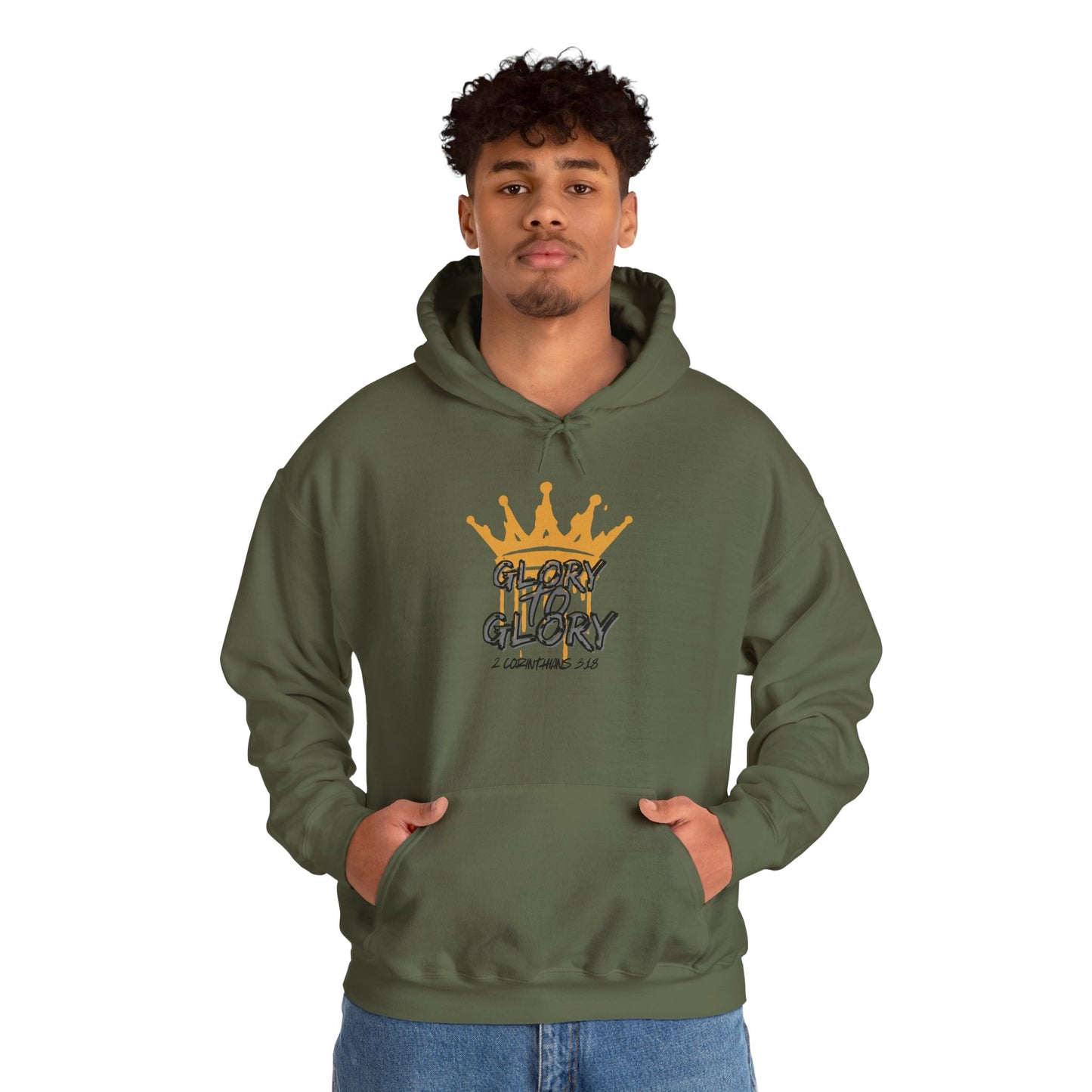 Logos Co. Glory to Glory hoodie in military green with crown graphic and front pocket worn by male model