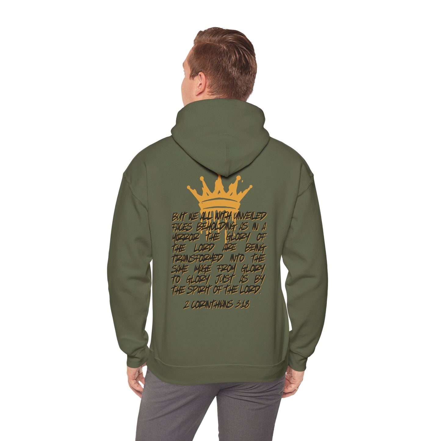 Logos Co. Glory to Glory hoodie in military green with scripture text and gold crown design on back