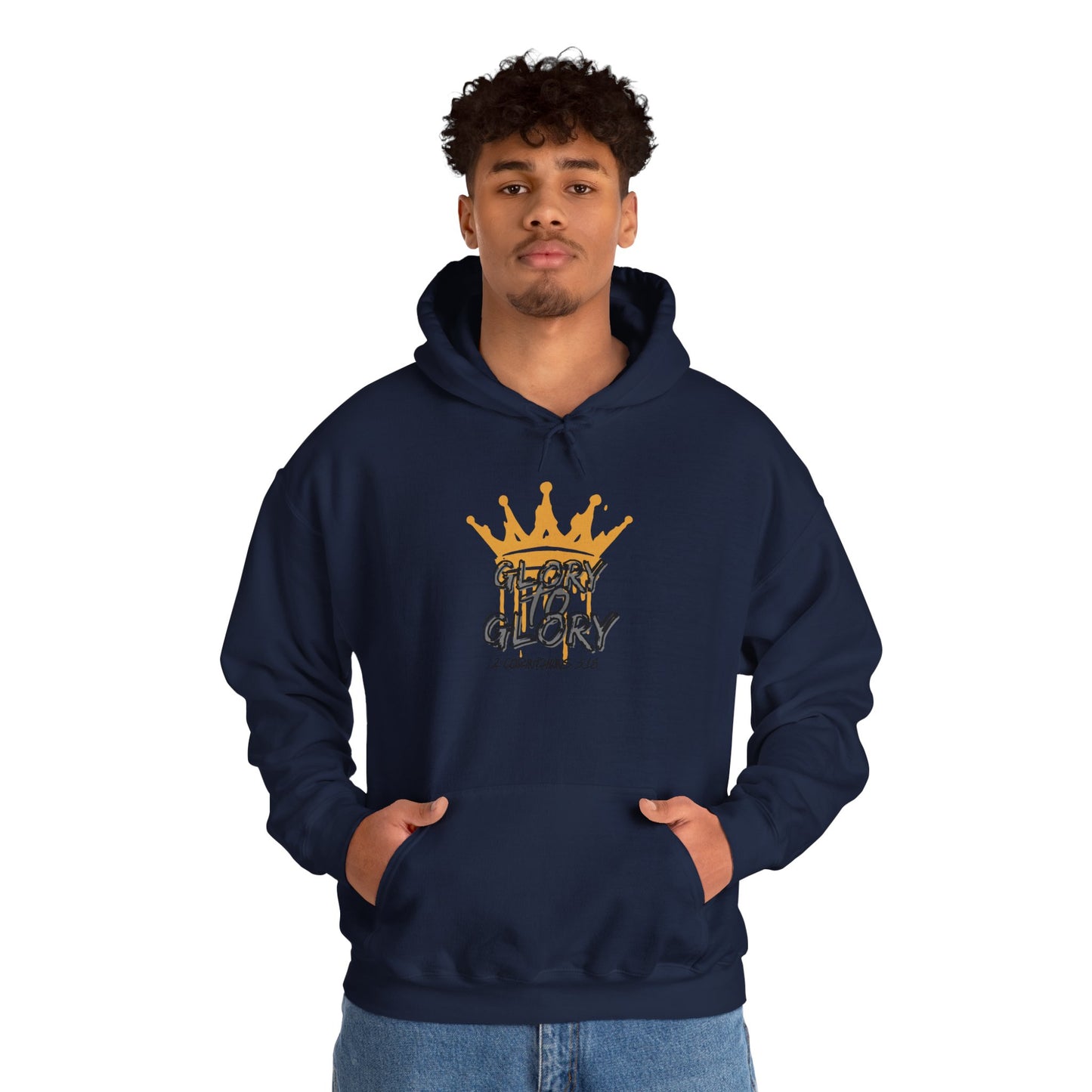 Navy blue Glory to Glory hoodie with gold crown graphic worn by male model