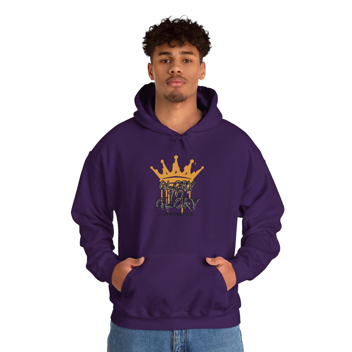 Man wearing a purple Glory to Glory hoodie with a gold crown graphic and front pocket