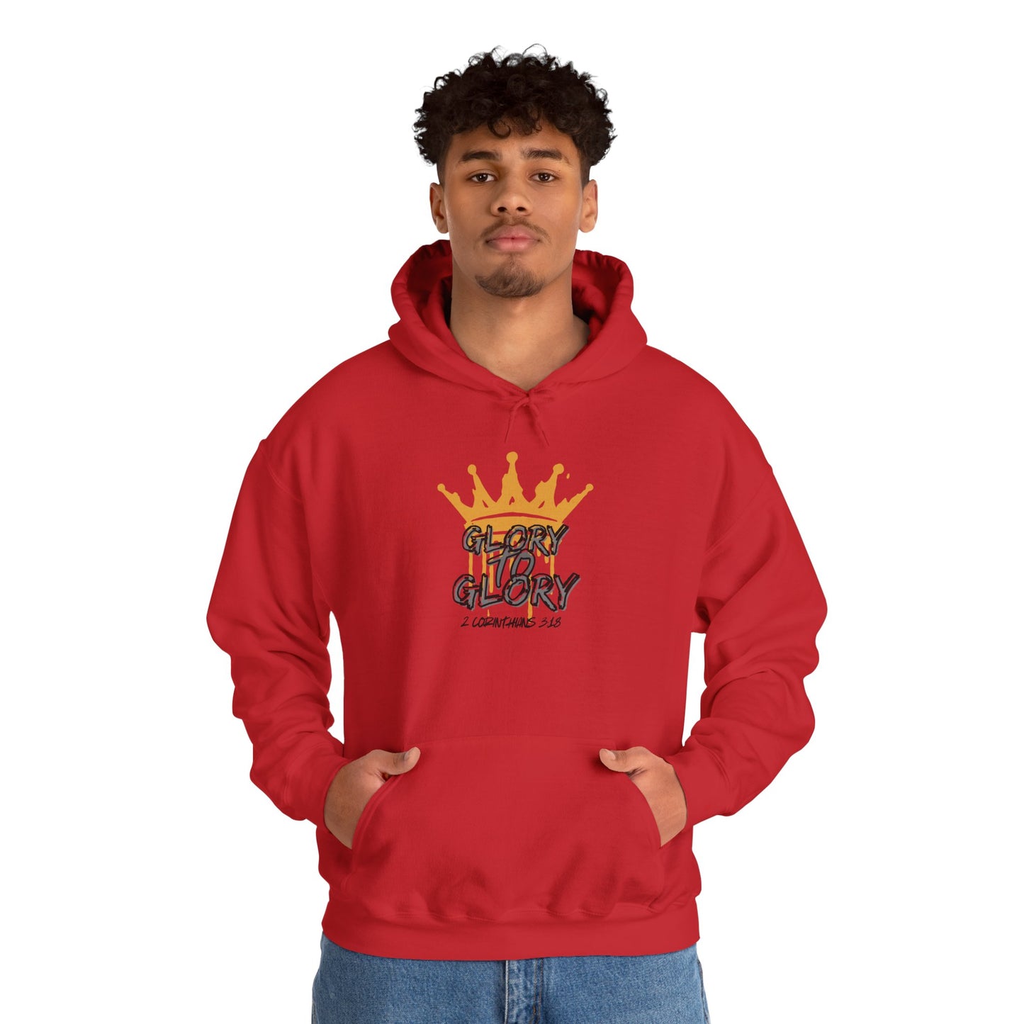 Red Glory to Glory hoodie with gold crown graphic worn by man with hands in pockets
