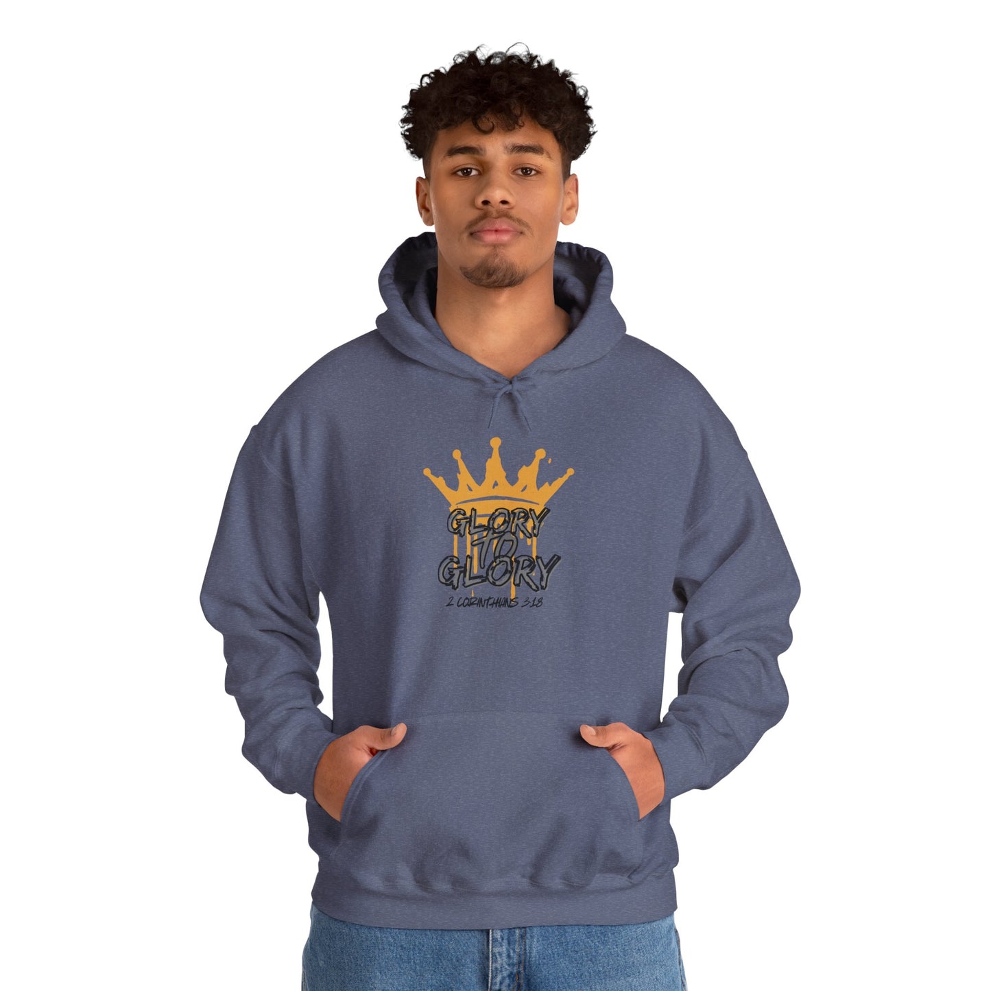 Logos Co. Glory to Glory hoodie in heather navy with crown graphic worn by man in jeans