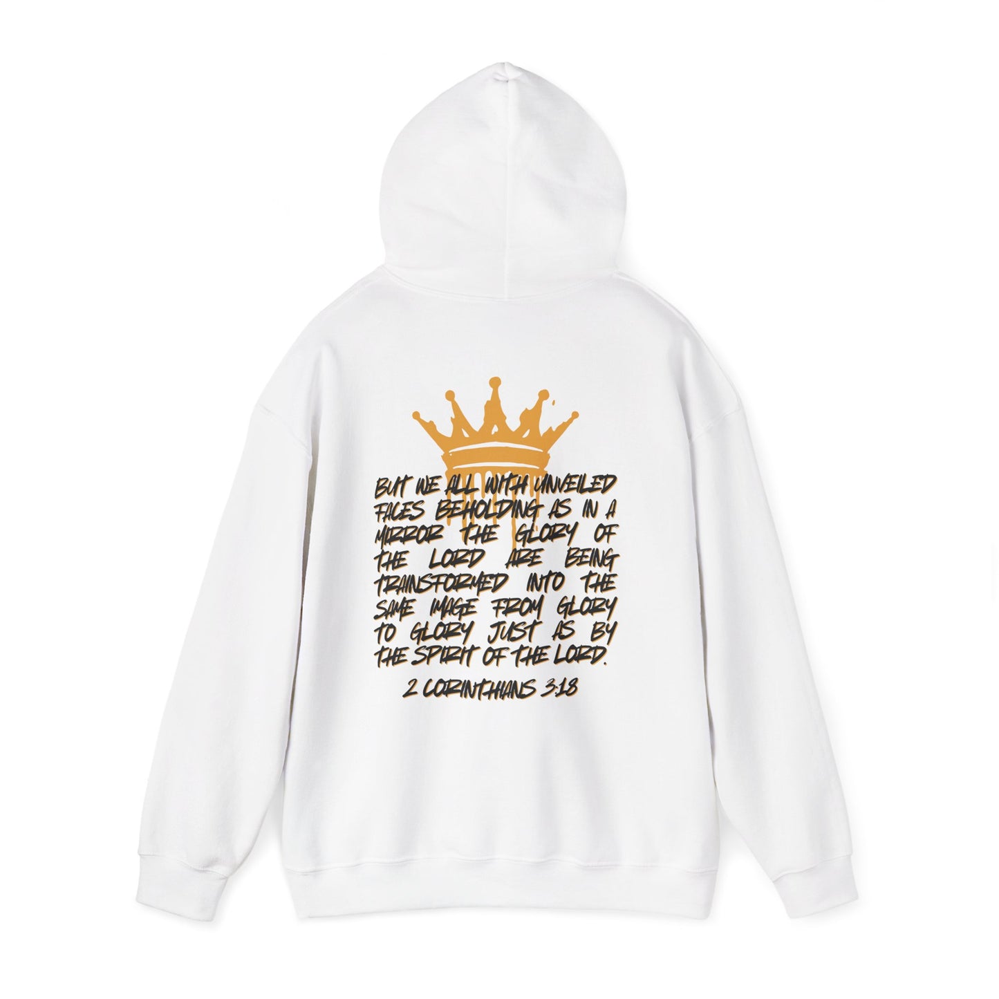 White Glory to Glory hoodie with gold crown and inspirational Bible verse on back from Logos Co.