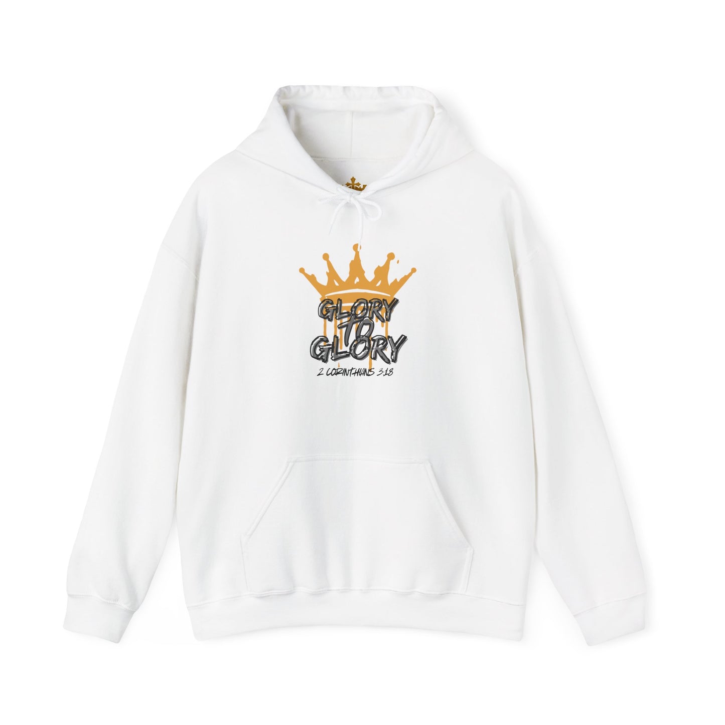White Glory to Glory hoodie by Logos Co. with gold crown graphic and biblical text on front