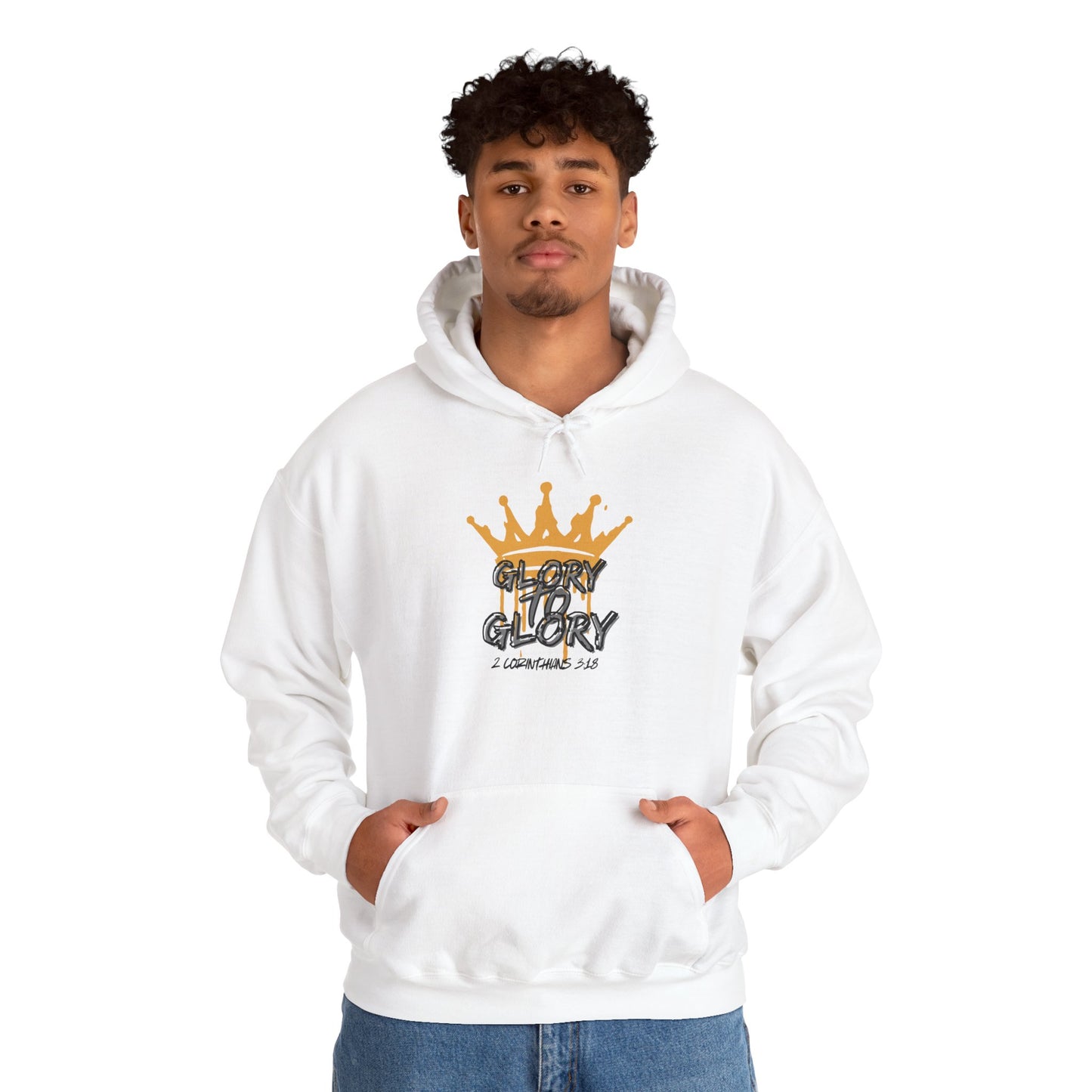 White Glory to Glory hoodie with gold crown graphic and scripture text worn by male model