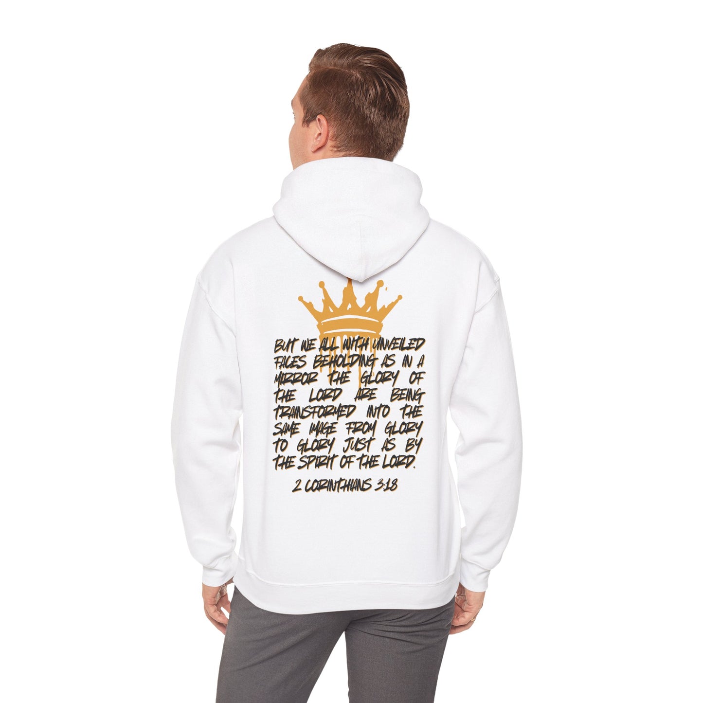 White Glory to Glory hoodie by Logos Co. featuring a gold crown and inspirational scripture text on the back