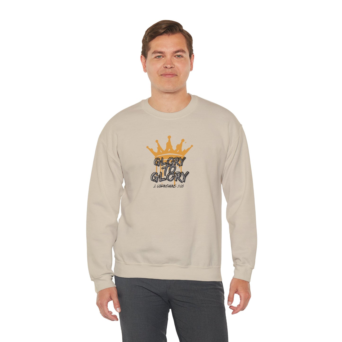 Beige sweatshirt with Glory to Glory inspirational apparel design featuring a gold crown print