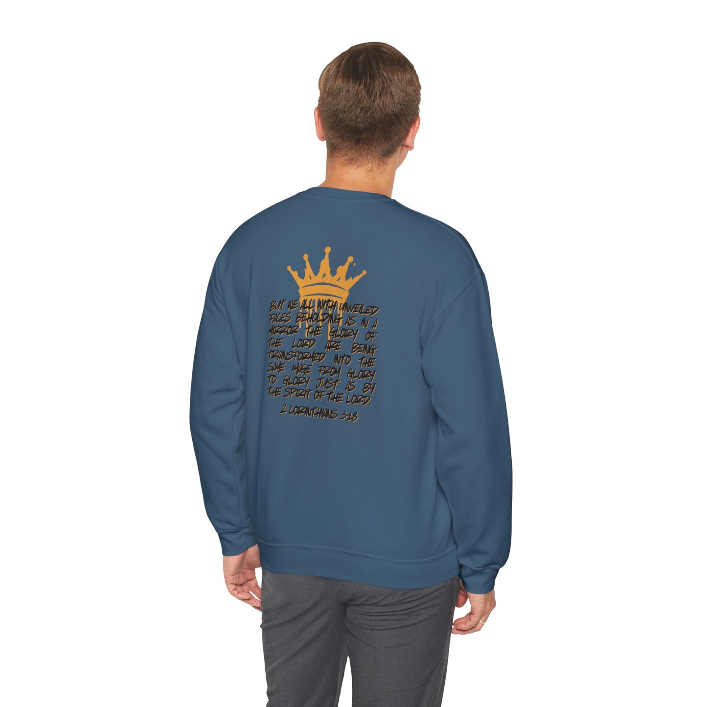 Logos Co blue sweatshirt featuring Glory to Glory inspirational apparel design with crown and text on back