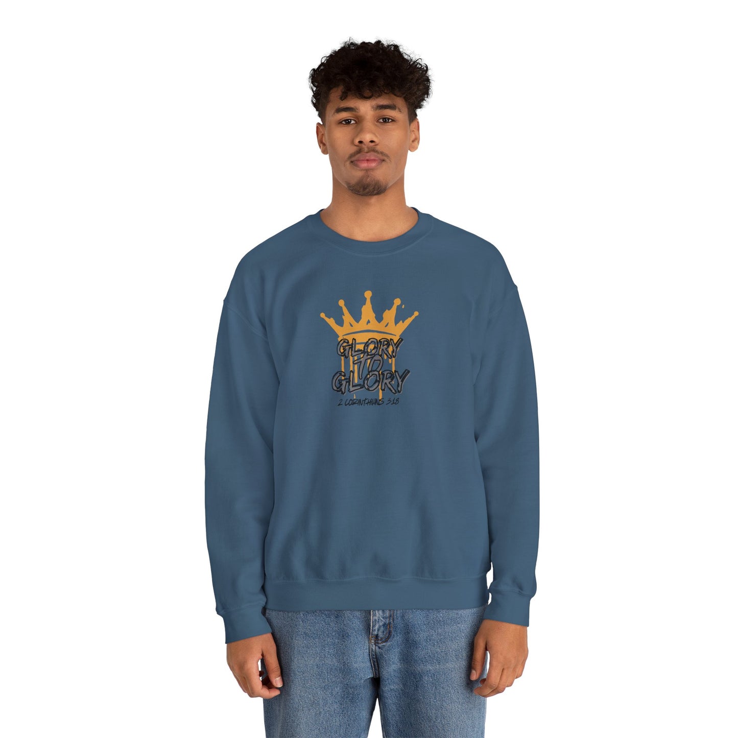 Blue sweatshirt with crown design and Glory to Glory inspirational apparel text by Logos