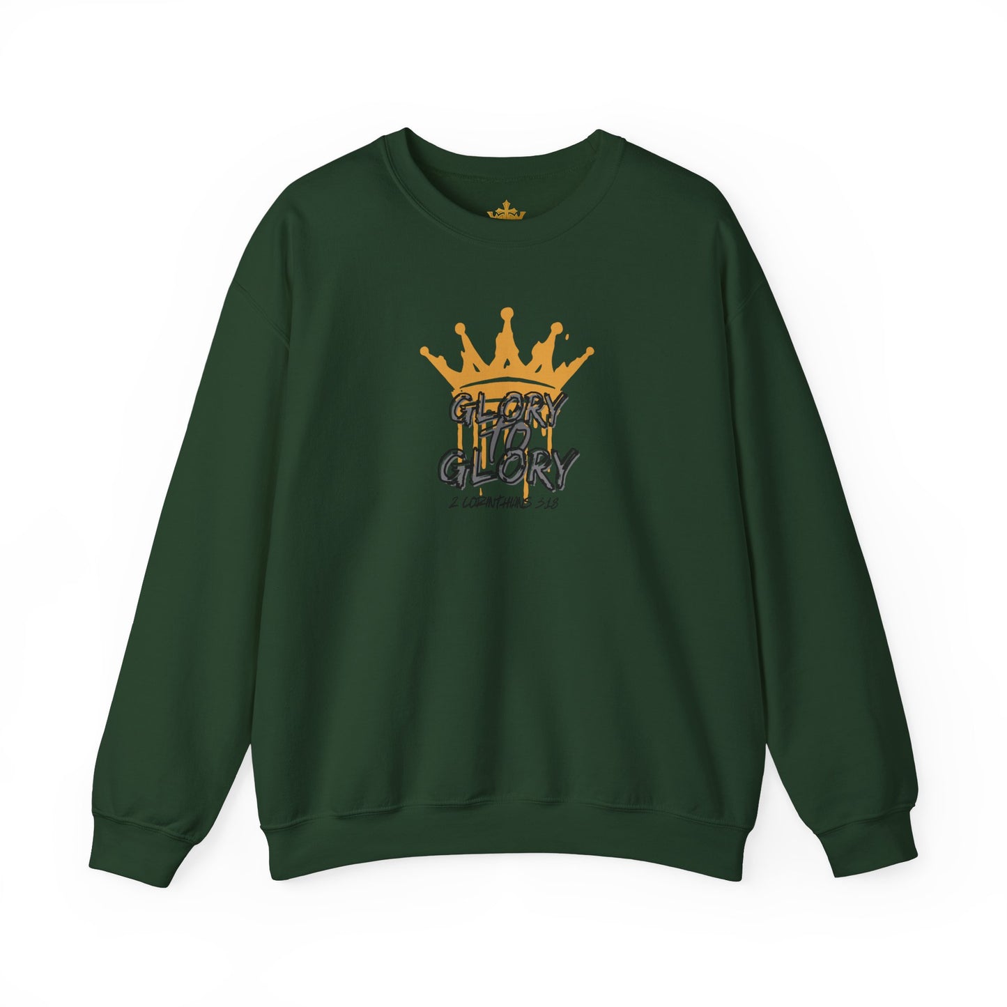 Logos dark green sweatshirt featuring Glory to Glory inspirational apparel text with gold crown design