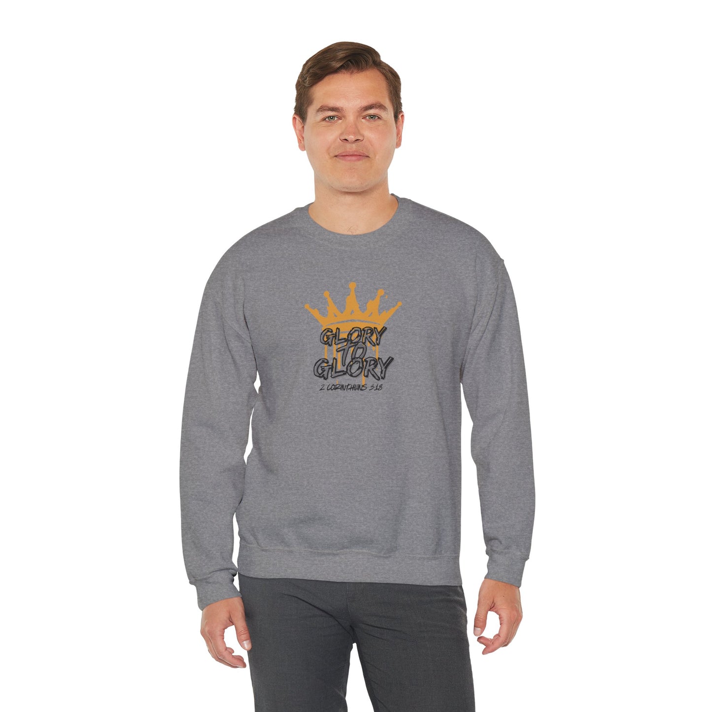 Gray sweatshirt featuring Glory to Glory inspirational apparel design with crown graphic and scripture text