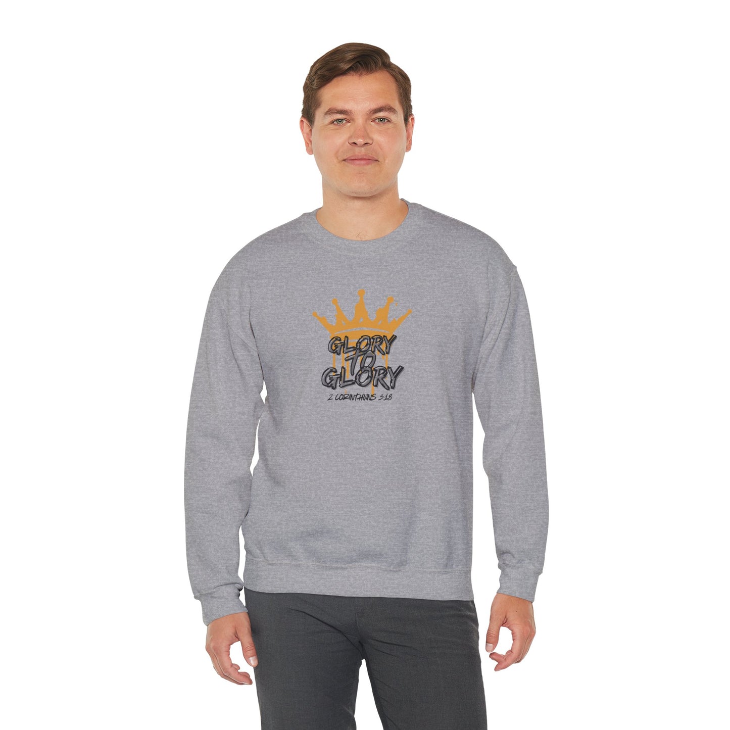 Logos grey sweatshirt with Glory to Glory inspirational apparel design featuring a gold crown graphic